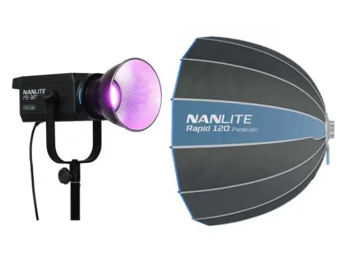 Foco LED Nanlite FS-300C RGBW con softbox parabólico 120cm